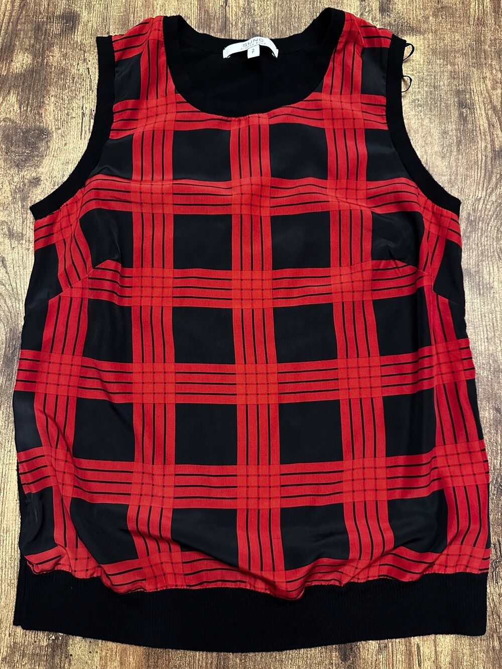 Alfred Sung Red and Black Plaid Sleeveless Knit Mixed Media Top